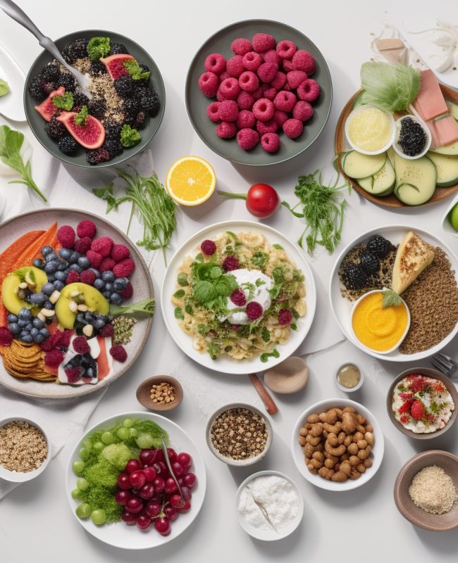 different types of dishes on the table top view.
